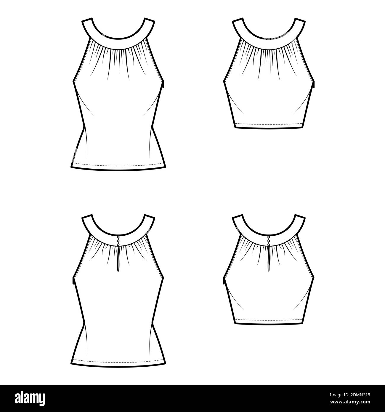 Set of Tops rounded neck band tank technical fashion illustration with ruching, fitted body, tunic and waist length hem, button keyhole. Flat template front, back, white color. Women, men CAD mockup Stock Vector
