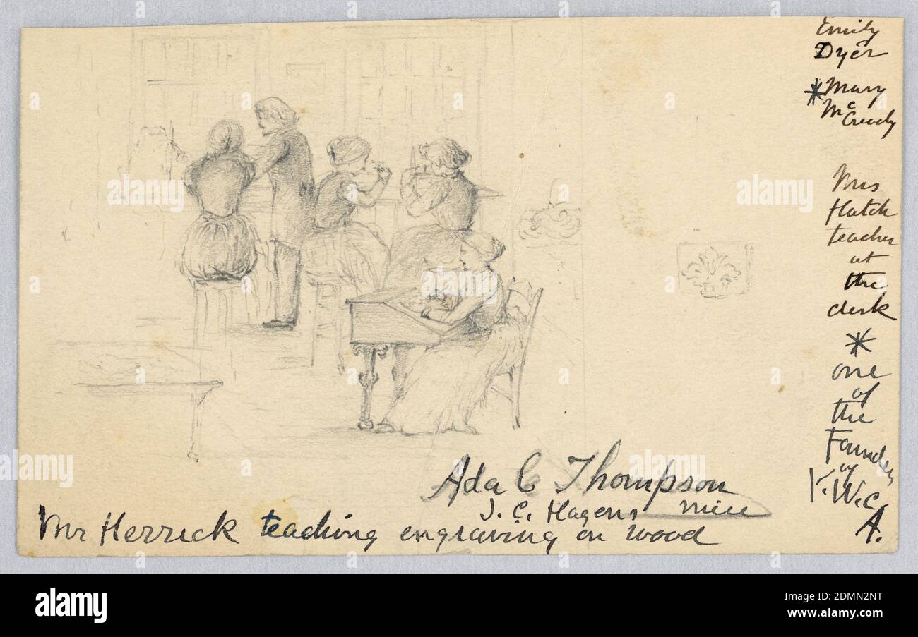 Mr. Herrick Teaching Wood Engraved in the Women's Art School, Cooper Union, Ada C. Thompson, Engraving, Horizontal rectangle. Sketch showing the instructor standing over his pupils who are seated near a window. Inscribed (in ink) along the side: 'Emily Dyer / Mary McCready / Mrs/ Hatch teacher at the desk / One of the Founders of Y.W.C.A. / Ada C. Thompson / J. C. Hagen's niece / Mr. Herrick teaching engraving on wood.' Verso: 'Property of Friends - Illustration for History of School of Design for book from Alice Donlevy.', ca. 1860, figures, Drawing Stock Photo