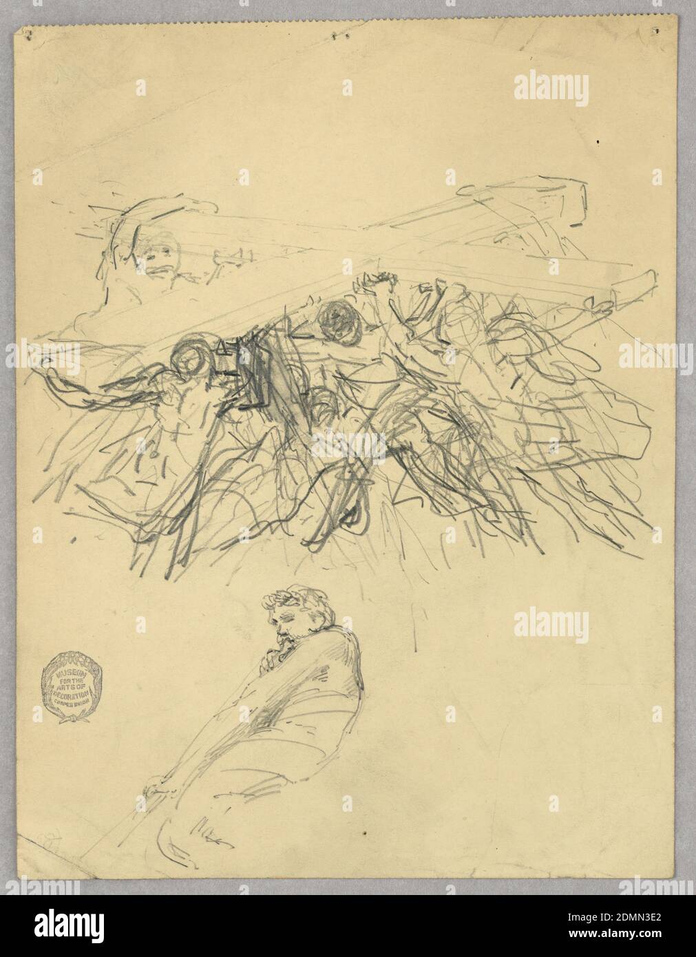 Sketch of Figures Bearing a Cross, Francis Augustus Lathrop, American, 1849 - 1909, Graphite on paper, Sketch of figures bearing a cross. Below, man with laurel crown, blowing a horn; mouth of horn not pictured. Probably a study for a mural of the Ascension., USA, ca. 1895, figures, Drawing Stock Photo