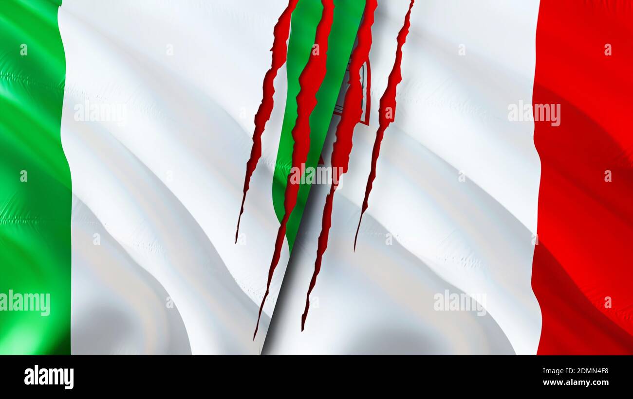 Nigeria and Malta flags with scar concept. Waving flag,3D rendering. Nigeria and Malta conflict