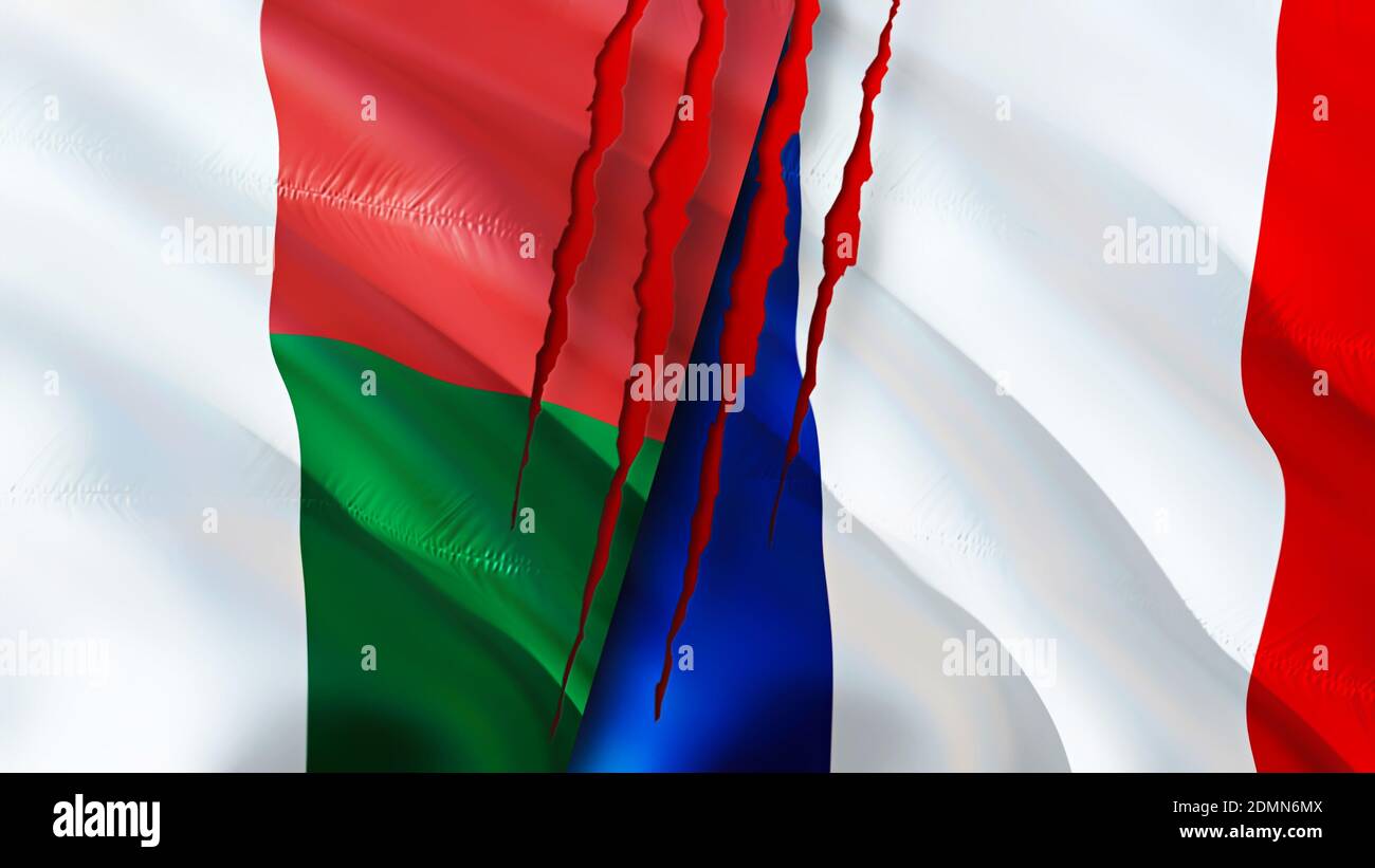 Madagascar and France flags with scar concept. Waving flag,3D rendering. Madagascar and France