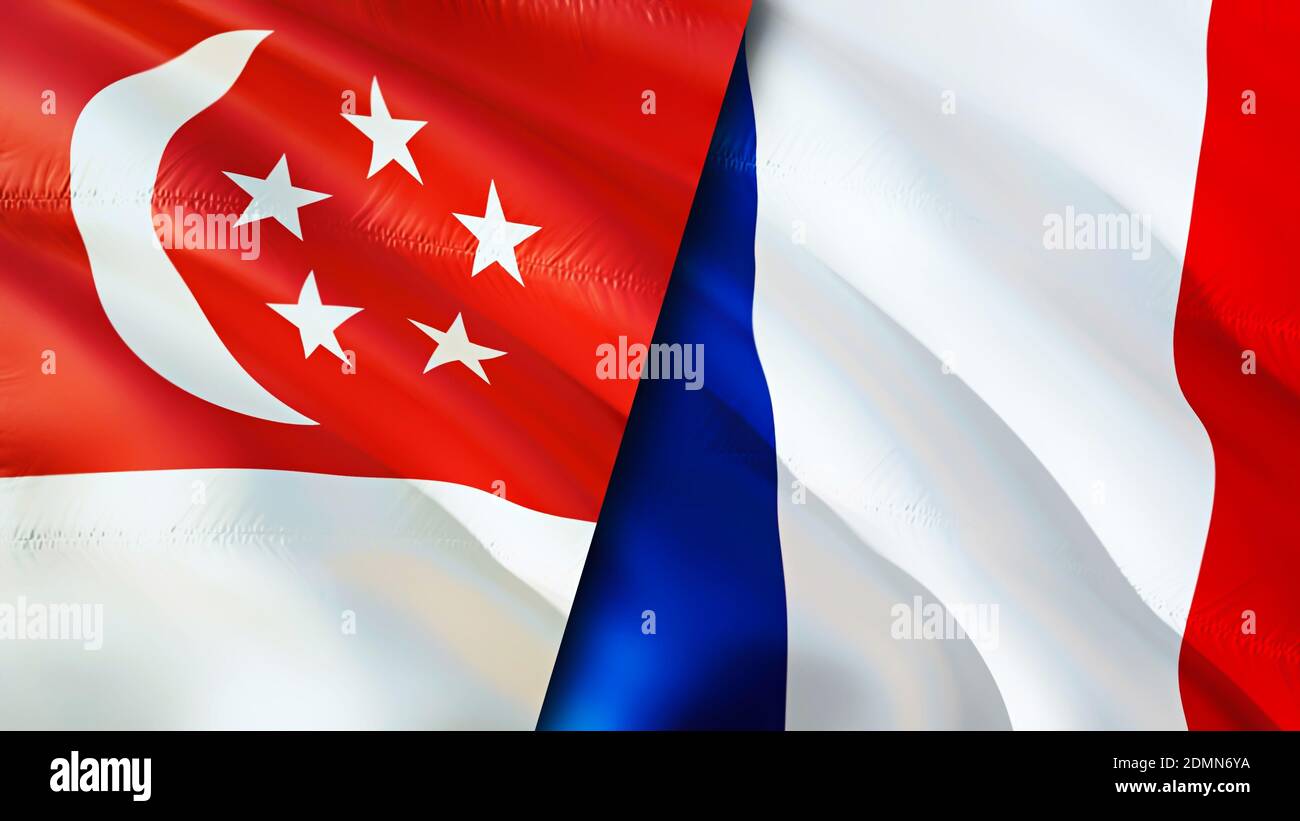 Singapore and France flags. 3D Waving flag design. Singapore France