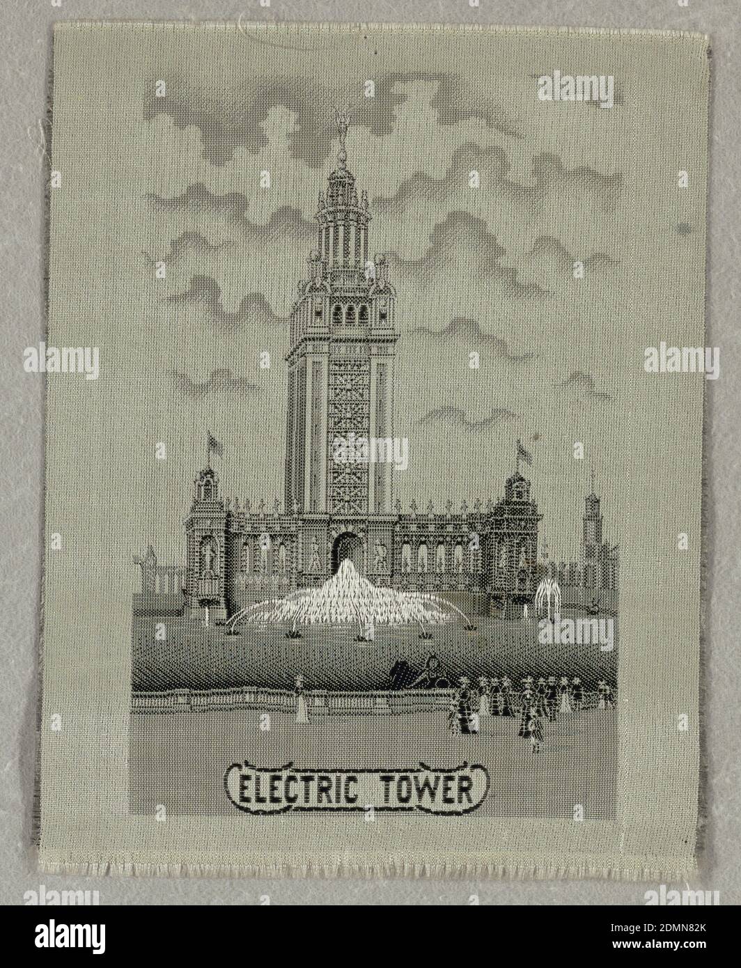 Commemorative picture, Medium: silk Technique: jacquard woven, Souvenir of World's Columbian Exposition at Buffalo, New York with an image of the Electric Tower., USA, ca. 1901, woven textiles, Commemorative picture Stock Photo
