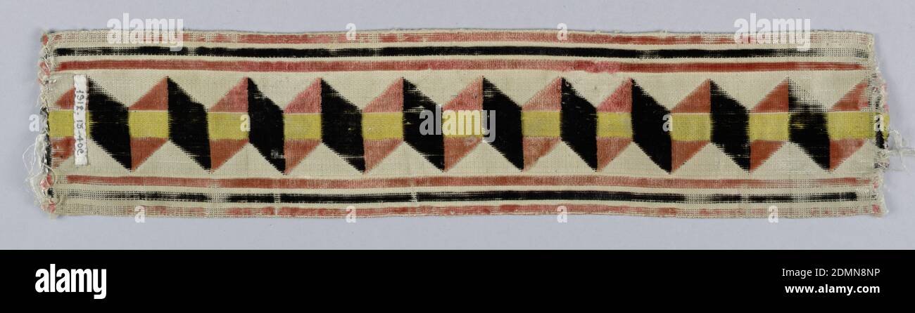 Trimming, Medium: silk Technique: supplementary warp pile in a satin foundation (velvet), Trimming fragment of narrow panel of white satin ground with central yellow satin stripe. Over this is velvet in geometric zigzag in pink and black., possibly Spain, 18th century, woven textiles, Trimming Stock Photo