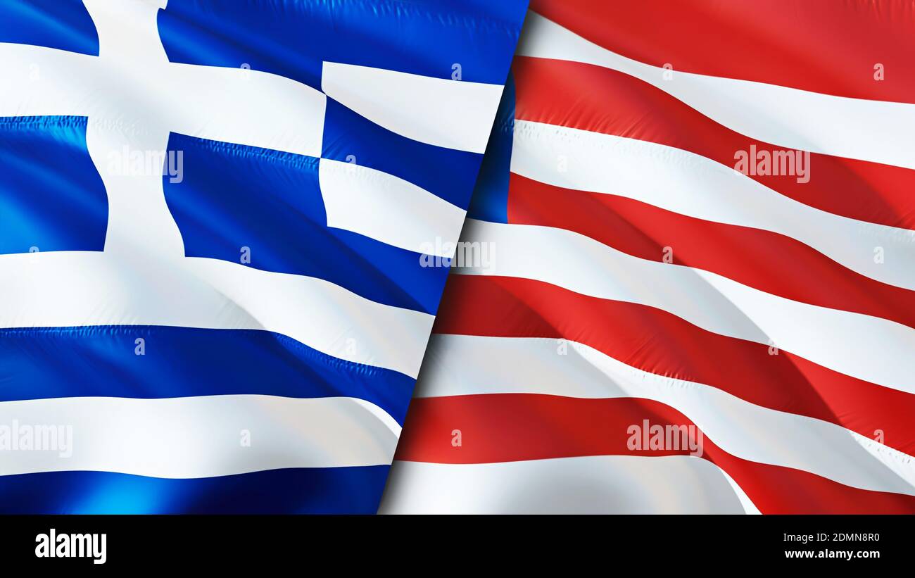 Greece and Liberia flags. 3D Waving flag design. Greece Liberia flag, picture, wallpaper. Greece vs Liberia image,3D rendering. Greece Liberia relatio Stock Photo