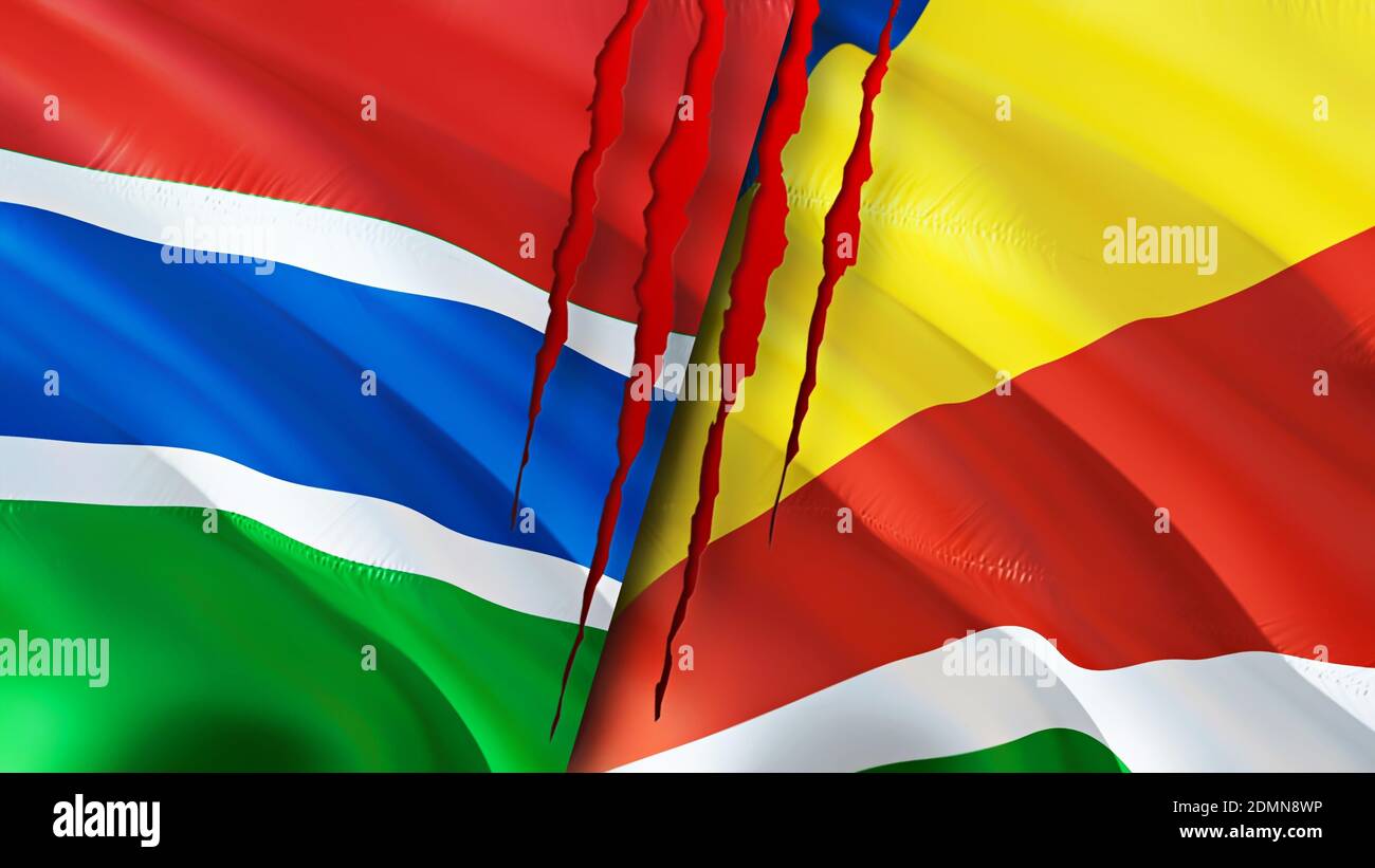 Gambia and Seychelles flags with scar concept. Waving flag,3D rendering ...