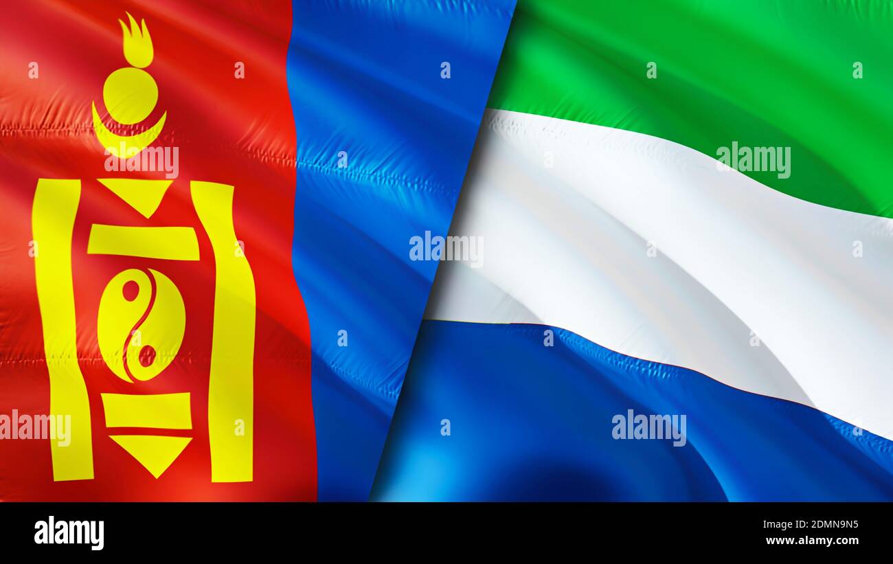 Mongolia and Sierra Leone flags. 3D Waving flag design. Mongolia Sierra Leone flag, picture, wallpaper. Mongolia vs Sierra Leone image,3D rendering. M Stock Photo