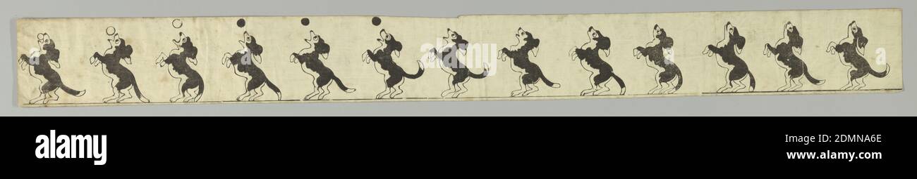 Zoetrope Strip, Dog Catching Ball, Lithograph on paper, Strip with printed cartoon featuring a dog catching a ball while perched on his hind legs. When viewed in a circular, perforated tin zoetrope, illusion of animation creates a moving picture., England, United Kingdom, ca. 1860, toys & games, Print Stock Photo