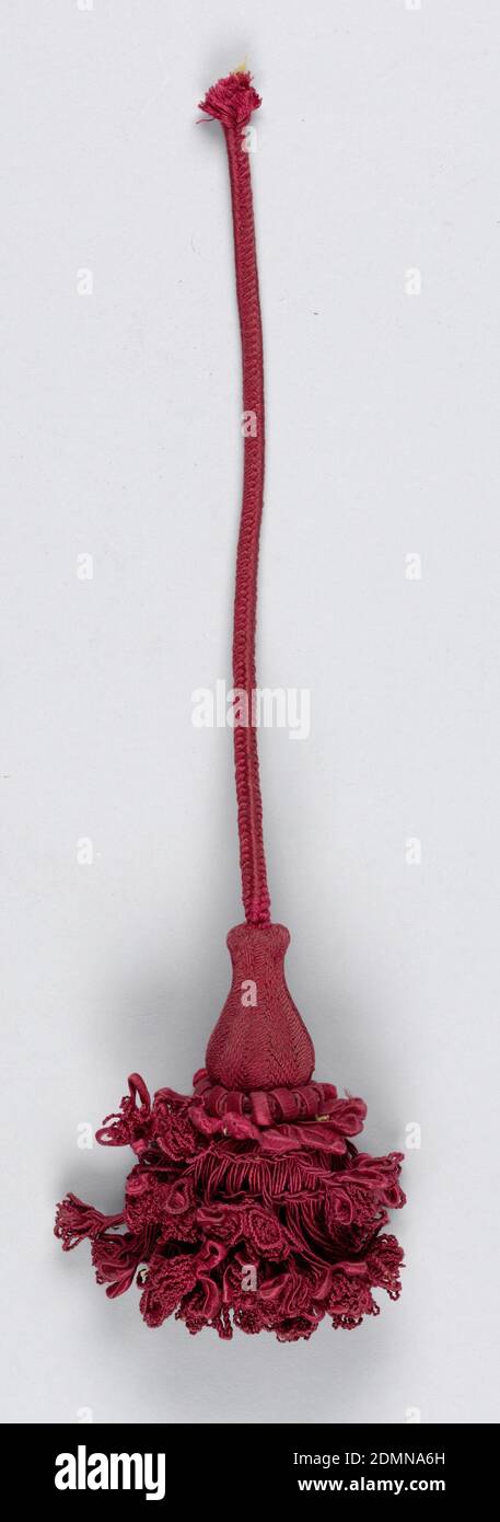 Tassel, Medium: silk, copper wire, parchment, wooden core, Skirt of red silk (wrapped on wire) supporting ornaments resembling flowers with leaves. Two collars, one projecting and one flat, of red silk on parchment bands. Head is vase-shaped and covered with red silk threads. Loop of red silk cord., Italy or Spain, 18th century, trimmings, Tassel Stock Photo