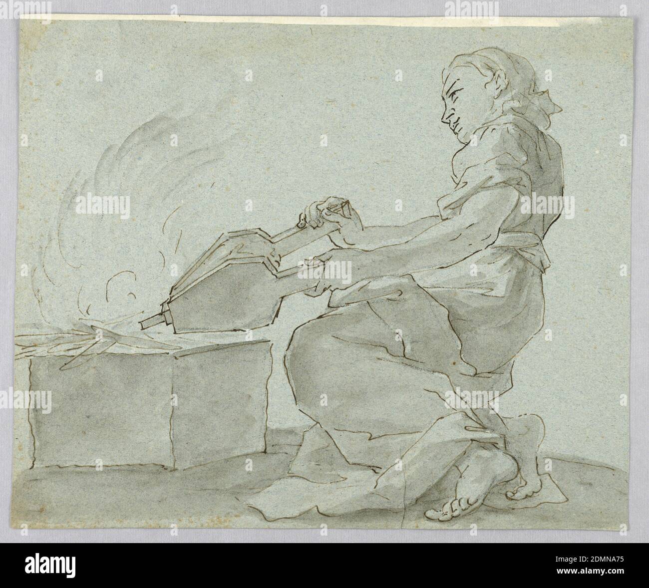 Woman with Bellows Lighting Fire, Graphite, pen and ink, brush and watercolor on paper, A woman shown in profile, kneeling with bellows., Italy, late 18th century, figures, Drawing Stock Photo