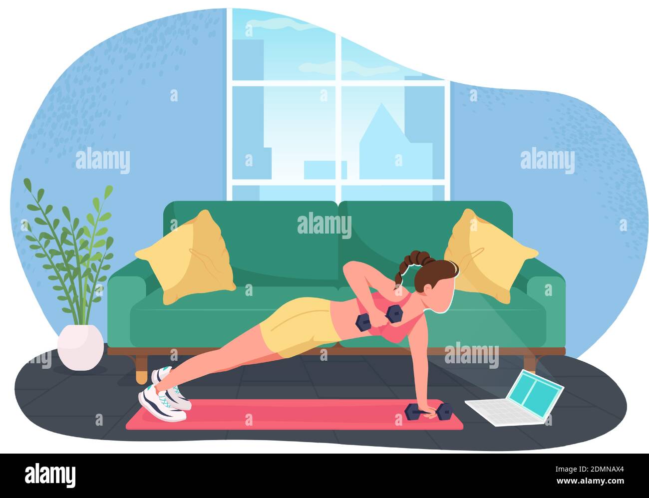 Woman working out while working 2D vector web banner, poster Stock Vector
