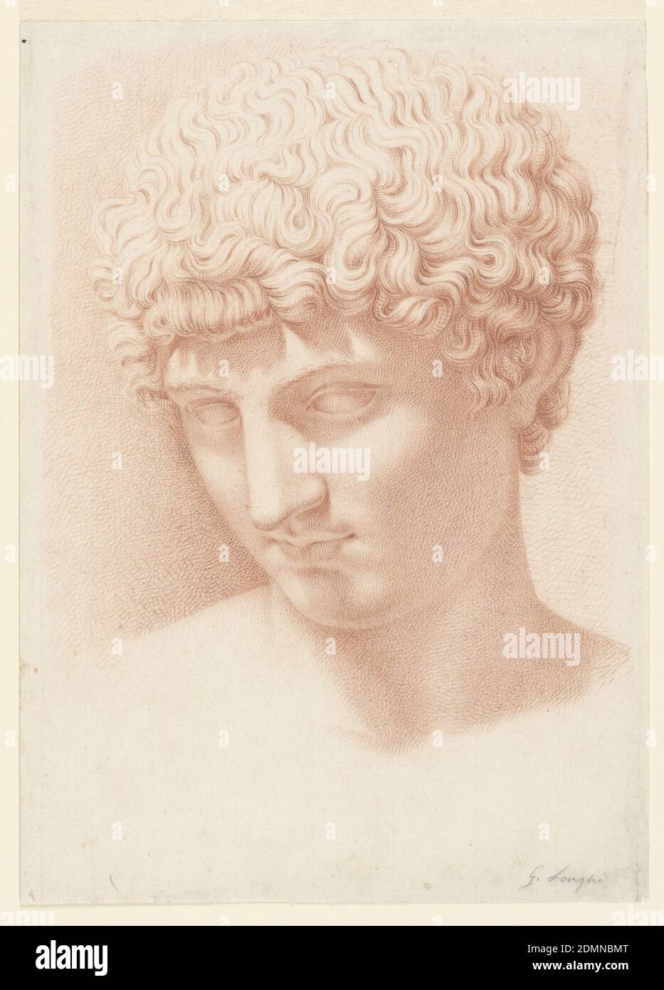 Head of Apollo, Giuseppe Longhi, Italian, 1766–1831, Color pencil on cream paper, Drawing of the head of Apollo, the Greek and Roman god of the sun, light, music, prophecy, healing, and poetry, from a classical statue. His head, containing thick, curly hair, is facing one-quarter right and tilted slightly downward. The drawing is rendered by means of cross-hatching., northern Italy, Italy, 1790–1830, figures, Drawing Stock Photo