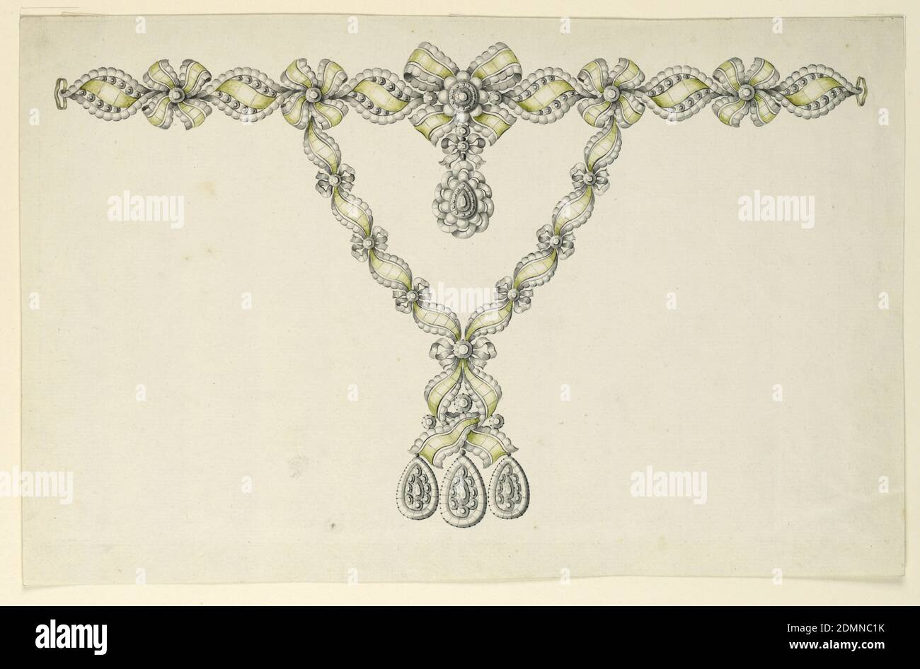 Design for a Necklace, Pen and black ink, brush and green, yellow, gray watercolor on light green paper, Jewelry design for a necklace. The chain around the neck consists of printed ovals containing a scroll of ribbon between two rows of disks, à jour, connected by knots. Hanging from the central one is a drop with a small knot above. The hanging chains are composed of similar ovals and knots, but the character of a ribbon is more emphasized. They are fastened by a knot, with ends hanging down interlaced, and supporting three drops., probably Naples, South Italy, Italy, ca. 1780, jewelry Stock Photo