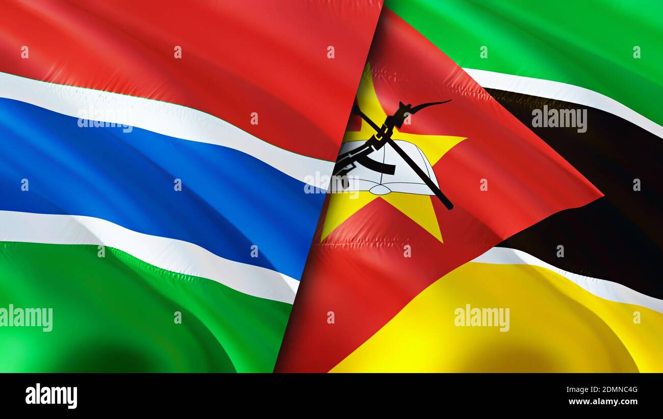 Gambia and Mozambique flags. 3D Waving flag design. Gambia Mozambique flag, picture, wallpaper. Gambia vs Mozambique image,3D rendering. Gambia Mozamb Stock Photo