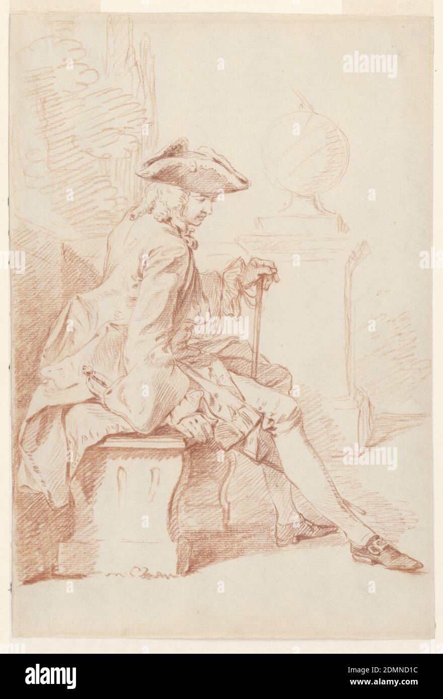 Seated Gentleman, Gravelot, French, 1699 - 1773, active in England, Red chalk on paper, A male figure in gentleman's clothing, shown in profile facing right, seated on a bench in a park. A sphere (globe) on a pedestal in the right middle distance. Verso: reddened for tracing., France, ca. 1735, figures, Drawing Stock Photo