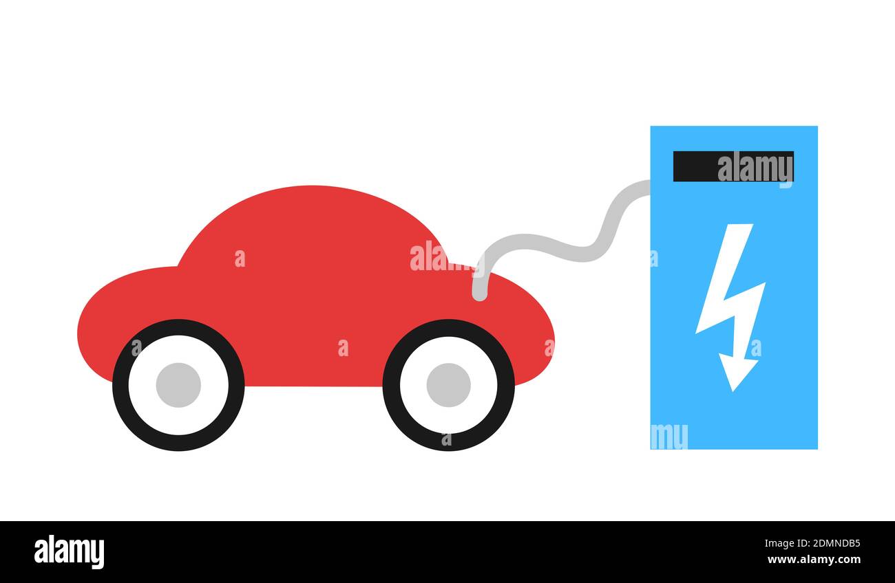 Charging station for electro mobility. Electric car and auto is plugged in power outlet to recharge battery. Vector illustration. Stock Photo