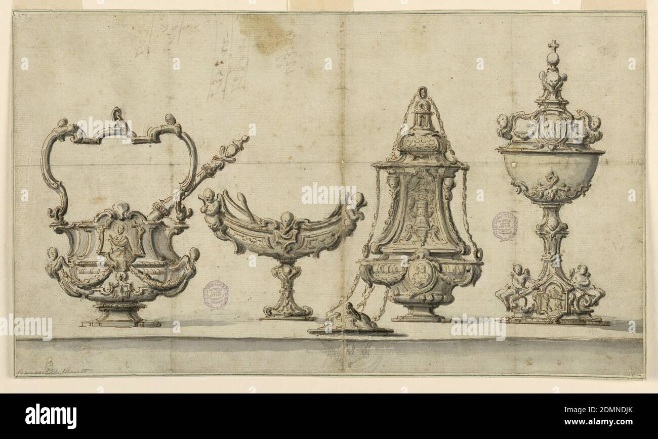 Design for Ecclesiastical Utensils, Chalk, pen and ink, brush and wash on paper, A holy water vessel with sprinkler, incense boat, censer and ciborium, all with putti and C-scrolls, Italy, early 18th century, metalwork, Drawing Stock Photo