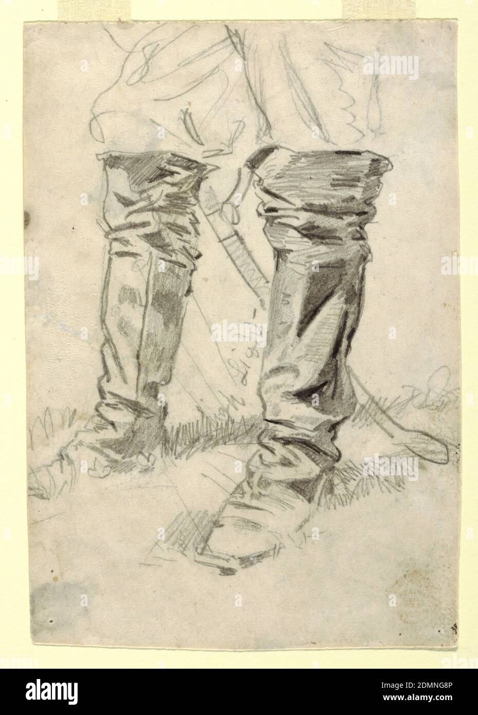 Study of Cavalry Officer's Boots, Winslow Homer, American, 1836–1910, Recto: Graphite, pen and black and brown ink on off-white wove paper, Recto: Vertical view of the lower legs of man wearing knee-high boots and standing in grass; a sheathed sword hangs behind his legs; verso: foreshortened view of a man, with closed eyes, wearing a hat and lying on ground., USA, 1862–64, figures, Drawing Stock Photo