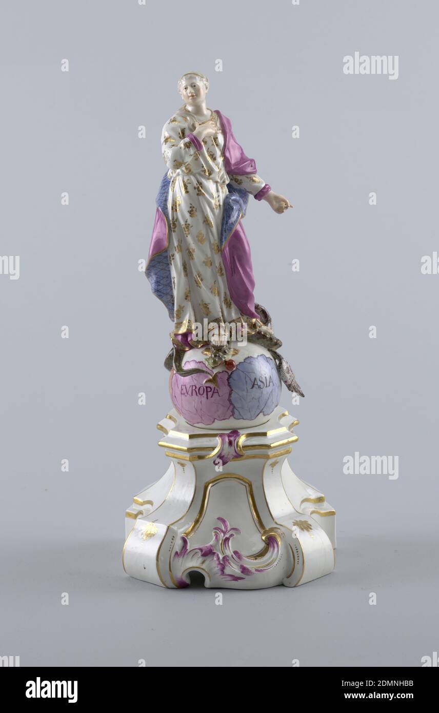 Figure of the 'Immaculate Virgin' ('Immaculata') on Pedestal, Fulda Pottery and Porcelain Manufactory, German, 1764 - 1789, hard paste porcelain, vitreous enamel, gold, Figure of the Virgin of the immaculate conception (a) treading on a serpent, standing on a globe inscribed with the names of the four continents; figure wears gold-flowered gown and purple mantle with blue diapered lining., Scrolled pedestal (b)., Germany, 1770–1780, ceramics, Decorative Arts, figure and pedestal, figure and pedestal Stock Photo