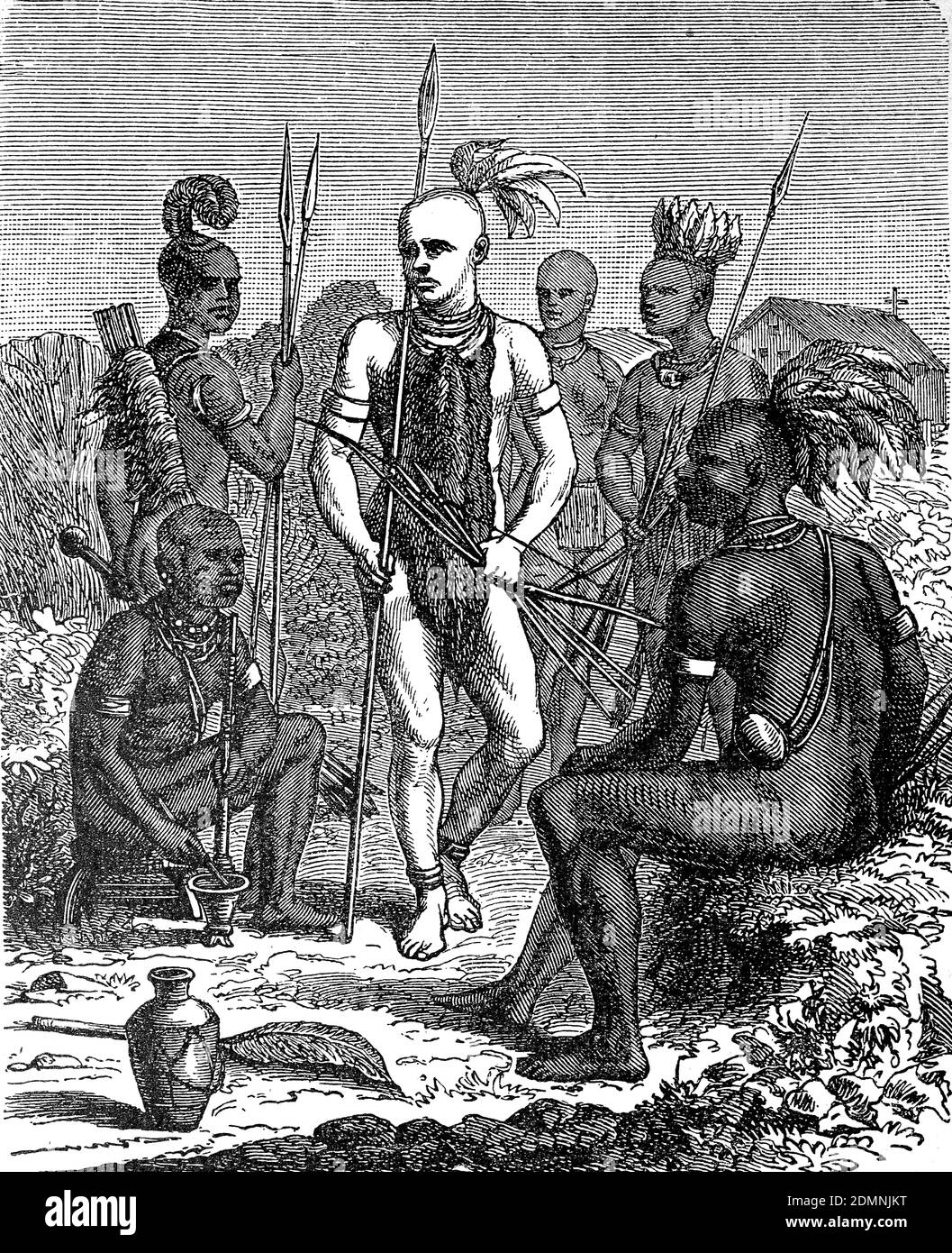 Albino, Albinism, among the Bari tribe at the white Nile in Sudan, illustration from 1878  /  Albino, Albinismus, beim Stamm der Bari am weißen Nil in Sudan, Illustration aus 1878, Historisch, historical, digital improved reproduction of an original from the 19th century / digitale Reproduktion einer Originalvorlage aus dem 19. Jahrhundert, Stock Photo