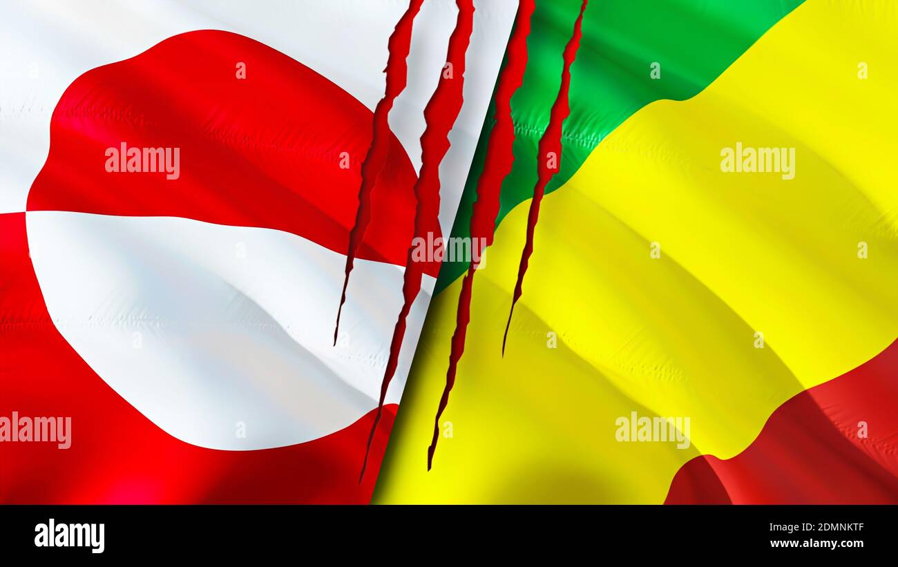 Greenland and Congo flags with scar concept. Waving flag,3D rendering. Greenland and Congo conflict concept. Greenland Congo relations concept. flag o Stock Photo