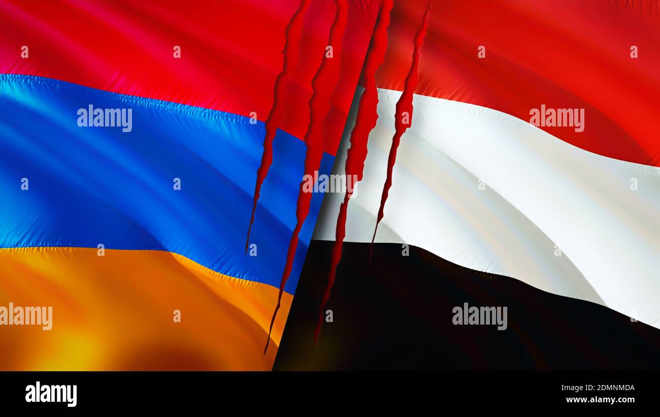 Armenia and Yemen flags with scar concept. Waving flag,3D rendering