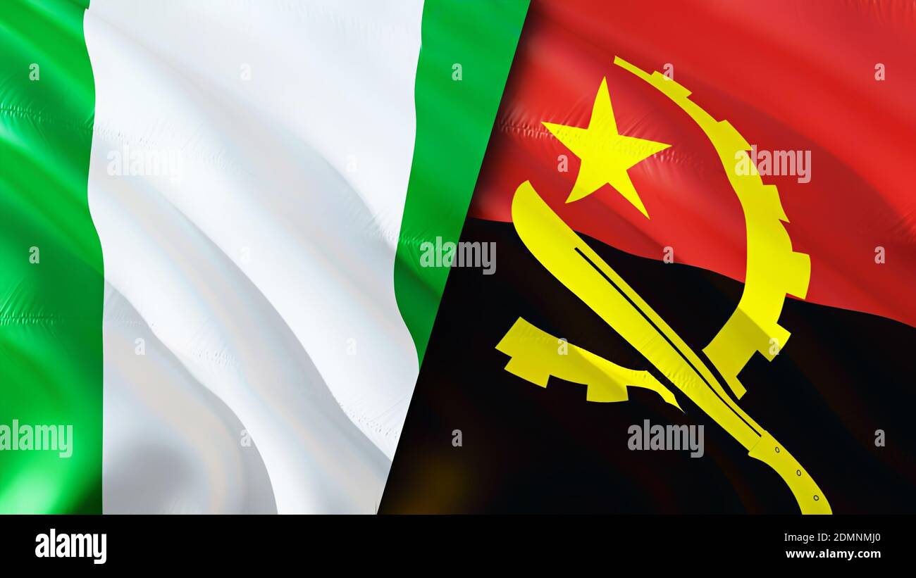 Nigeria and Angola flags. 3D Waving flag design. Nigeria Angola flag