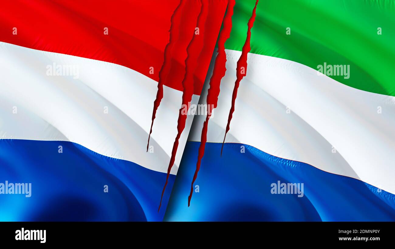 Netherlands and Sierra Leone flags with scar concept. Waving flag,3D rendering. Netherlands and Sierra Leone conflict concept. Netherlands Sierra Leon Stock Photo