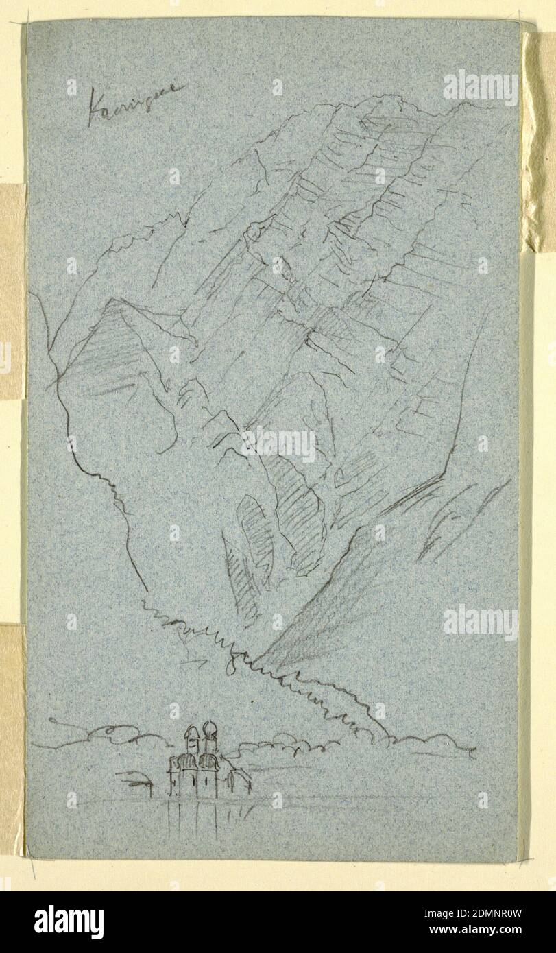 Shore of the Konigssee, B, Frederic Edwin Church, American, 1826–1900, Frederic Edwin Church, American, 1826–1900, graphite Support: paper, blue, Verso: St. Bartholomae and the Watzman, USA, USA, July 1868, landscapes, Drawing Stock Photo