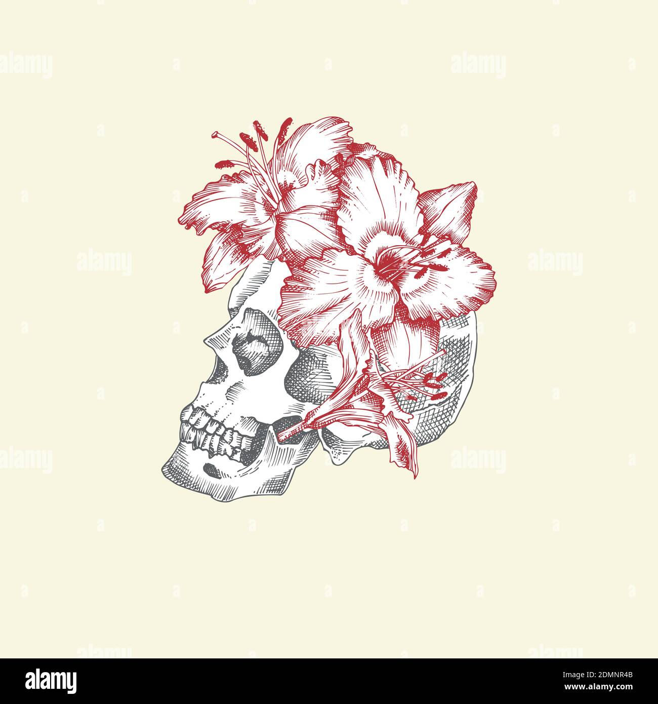 Hand drawn sketch human skull with wreath of flowers. Red lilies Funny ...