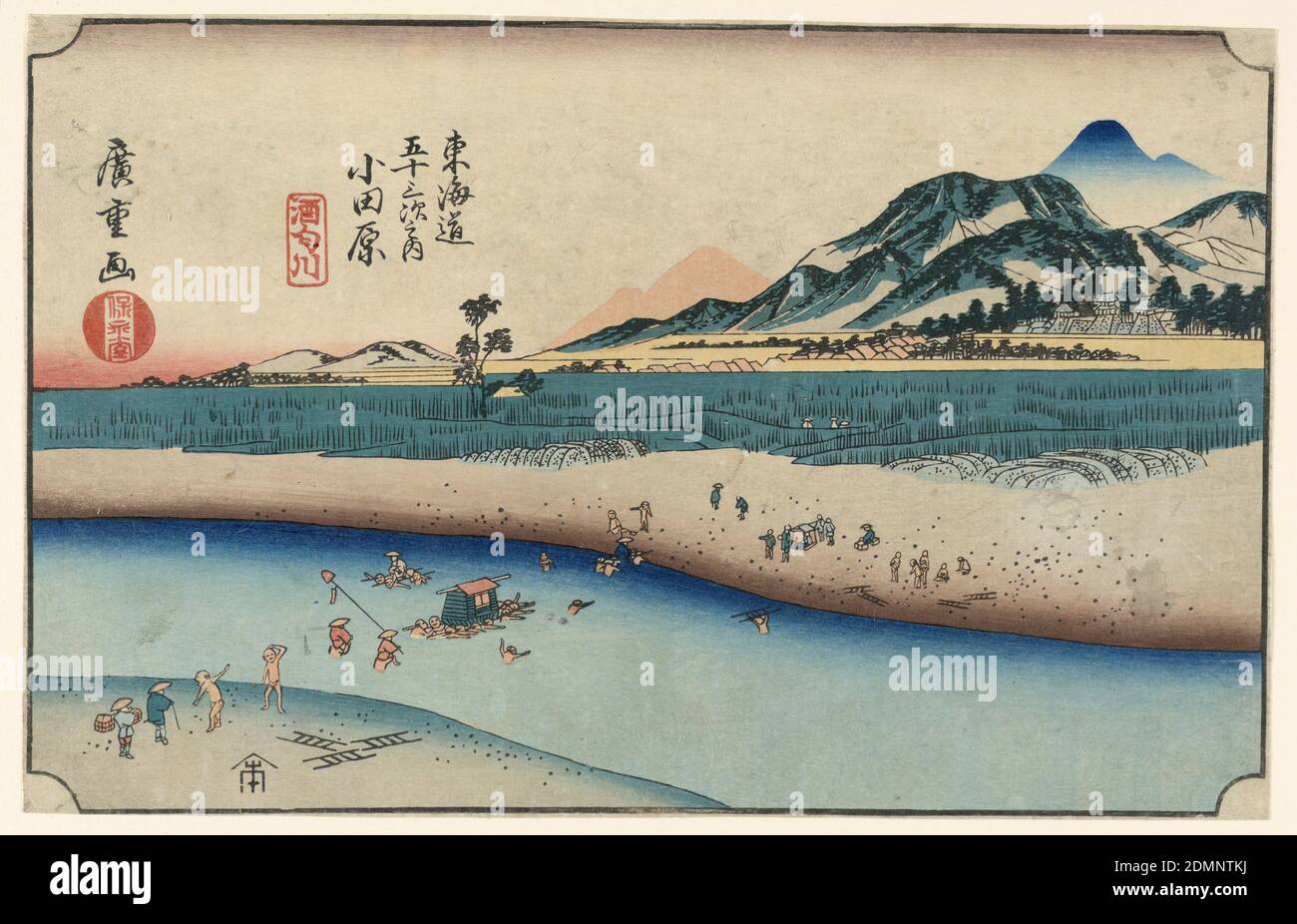 Woodblock from Tokaido Gojusan Tsugi-na Uchi (Fifty-Three Stations on the Tokaido), Ando Hiroshige, Japanese, 1797–1858, Woodblock print (ukiyo-e) on mulberry paper (washi), View of river with mountains on right; farmers working across the river and rice fields in the middle distance., Japan, 19th century, landscapes, Print Stock Photo