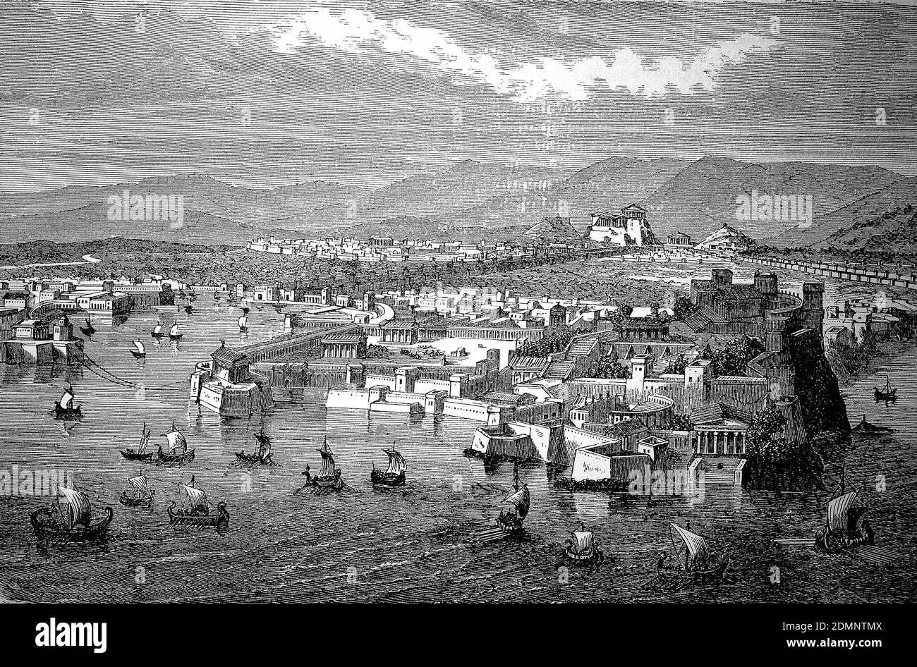 Ancient Athens, Greece, seen from Piraeus, illustration from 1880  /  Das alte Athen, Griechenland, von Piräus aus gesehen, Illustration aus 1880, Historisch, historical, digital improved reproduction of an original from the 19th century / digitale Reproduktion einer Originalvorlage aus dem 19. Jahrhundert, Stock Photo