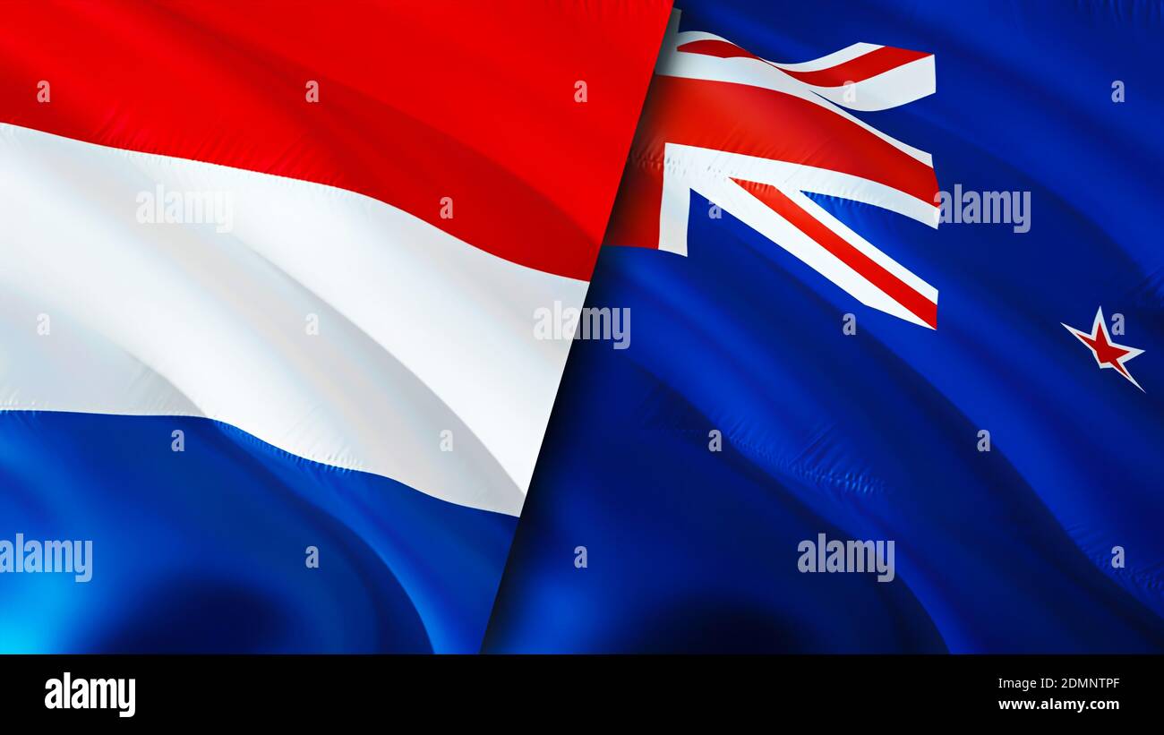 Netherlands and New Zealand flags. 3D Waving flag design. Netherlands