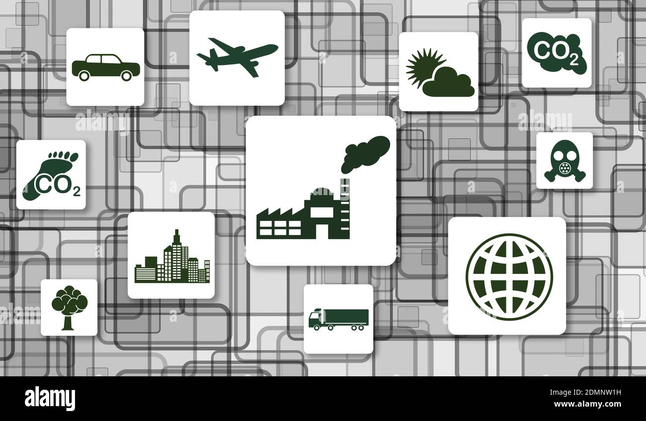 Concept of air pollution with icons on squares stock photo alamy