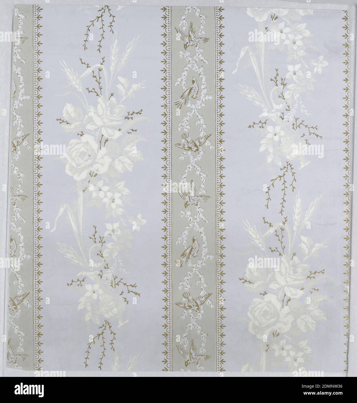 Sidewall, Machine printed on paper, Neoclassical pattern of columns of flower bouquets with roses and ears of wheat alternating with vertical ribbons with simple lace-like borders; vertical pattern in ribbon of songbirds alternating in three poses on entwined white wreaths; interiors of ribbons are grey with gold highlighting of birds and ribbon edges; flowers marked in white with some sprigs highlighted in gold; ground is light gray., USA, ca. 1880, Wallcoverings, Sidewall Stock Photo