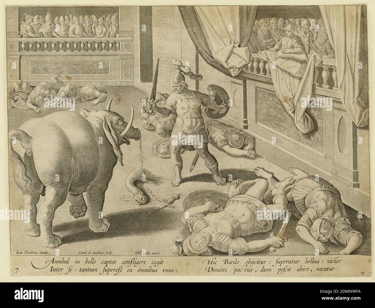 A Roman Soldier Fighting one of Hannibal's Elephants, pl. 7 in the Venationes Ferarum, Avium, Piscium series, Jan van der Straet, called Stradanus, Flemish, 1523–1605, Karel van Mallery, Philips Galle, Flemish, 1537 - 1612, Engraving on laid paper, Horizontal rectangle. Public combat between armeed warriors and an elephant. All of the warriors have fallen, except one, who faces the elephant, his sword upraised. A portion of the elephant's trunk has been severed. Spectators in enclosures, right and rear. Left to center, below: 'Ioan. Stradanus invent. / Carol de Mallery Sculp. / Phls Galle Stock Photo