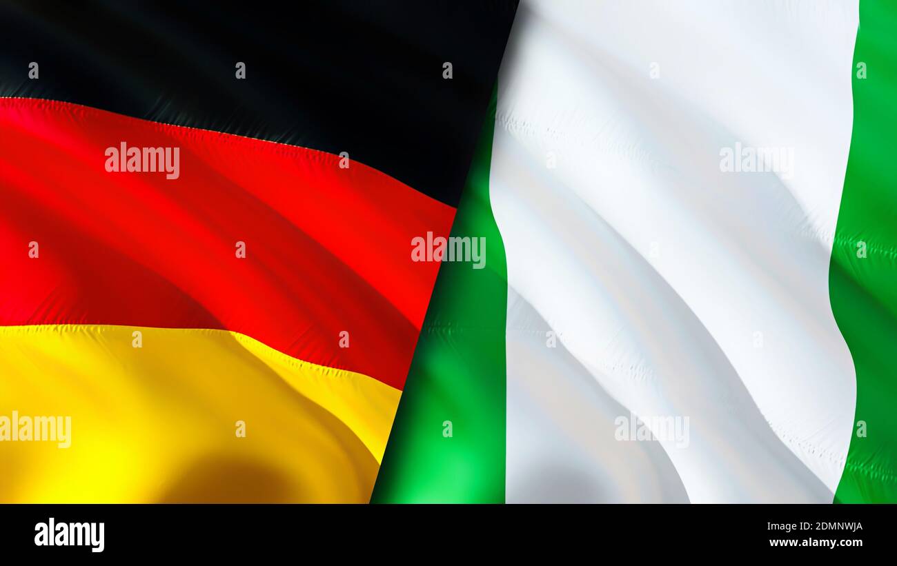 Germany and Nigeria flags. 3D Waving flag design. Germany Nigeria flag, picture, wallpaper. Germany vs Nigeria image,3D rendering. Germany Nigeria rel Stock Photo