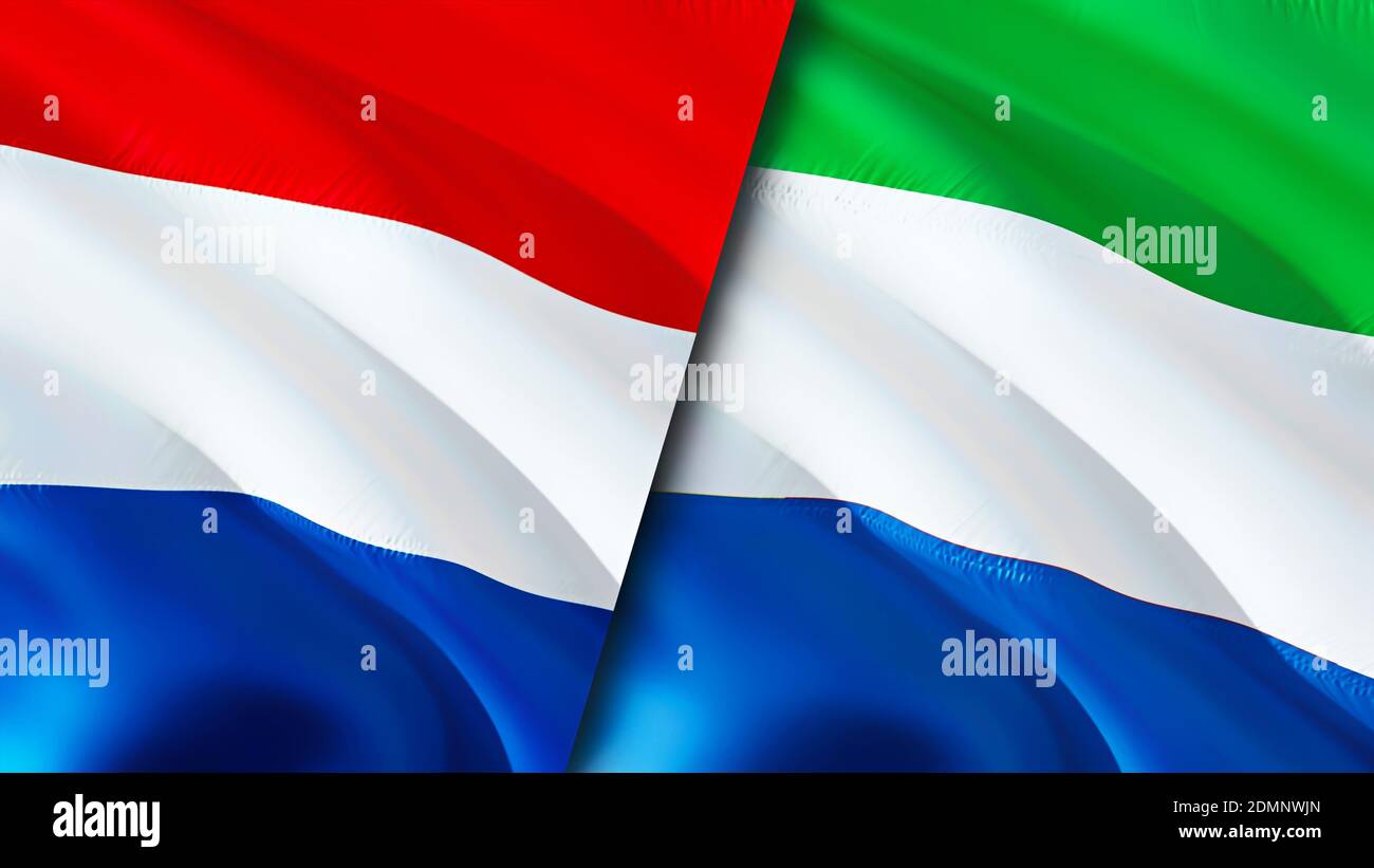 Netherlands and Sierra Leone flags. 3D Waving flag design. Netherlands Sierra Leone flag, picture, wallpaper. Netherlands vs Sierra Leone image,3D ren Stock Photo