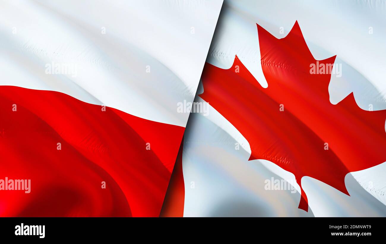 Poland and Canada flags. 3D Waving flag design. Poland Canada flag
