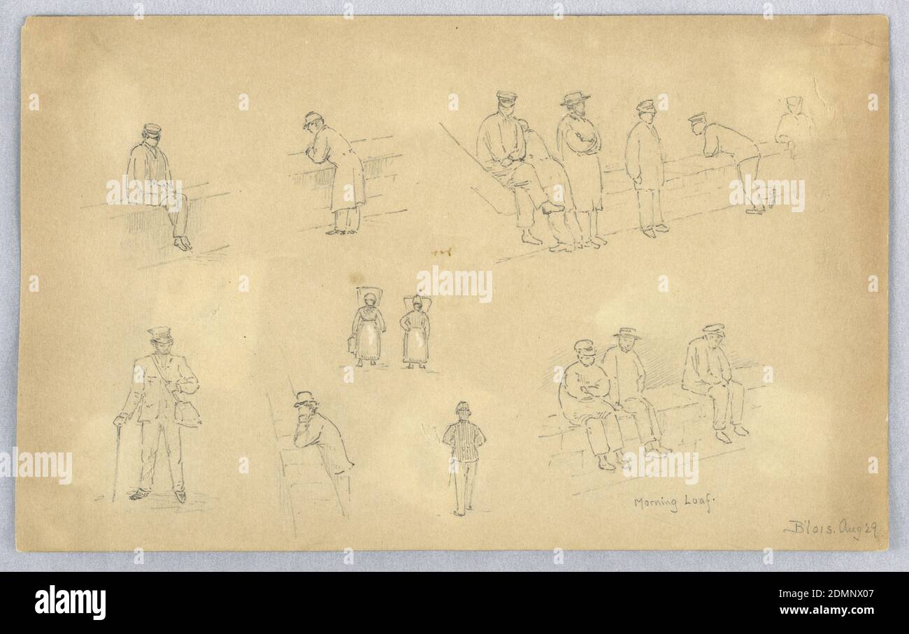 Figure Sketches at Blois, Arnold William Brunner, American, 1857–1925, Graphite and white heightening on grey-brown paper, Various figures, male figure sitting, leaning, looking over low brick wall. Lower left, man with hat, cane and bag standing. Center, two women walking., USA, 1883, figures, Drawing Stock Photo