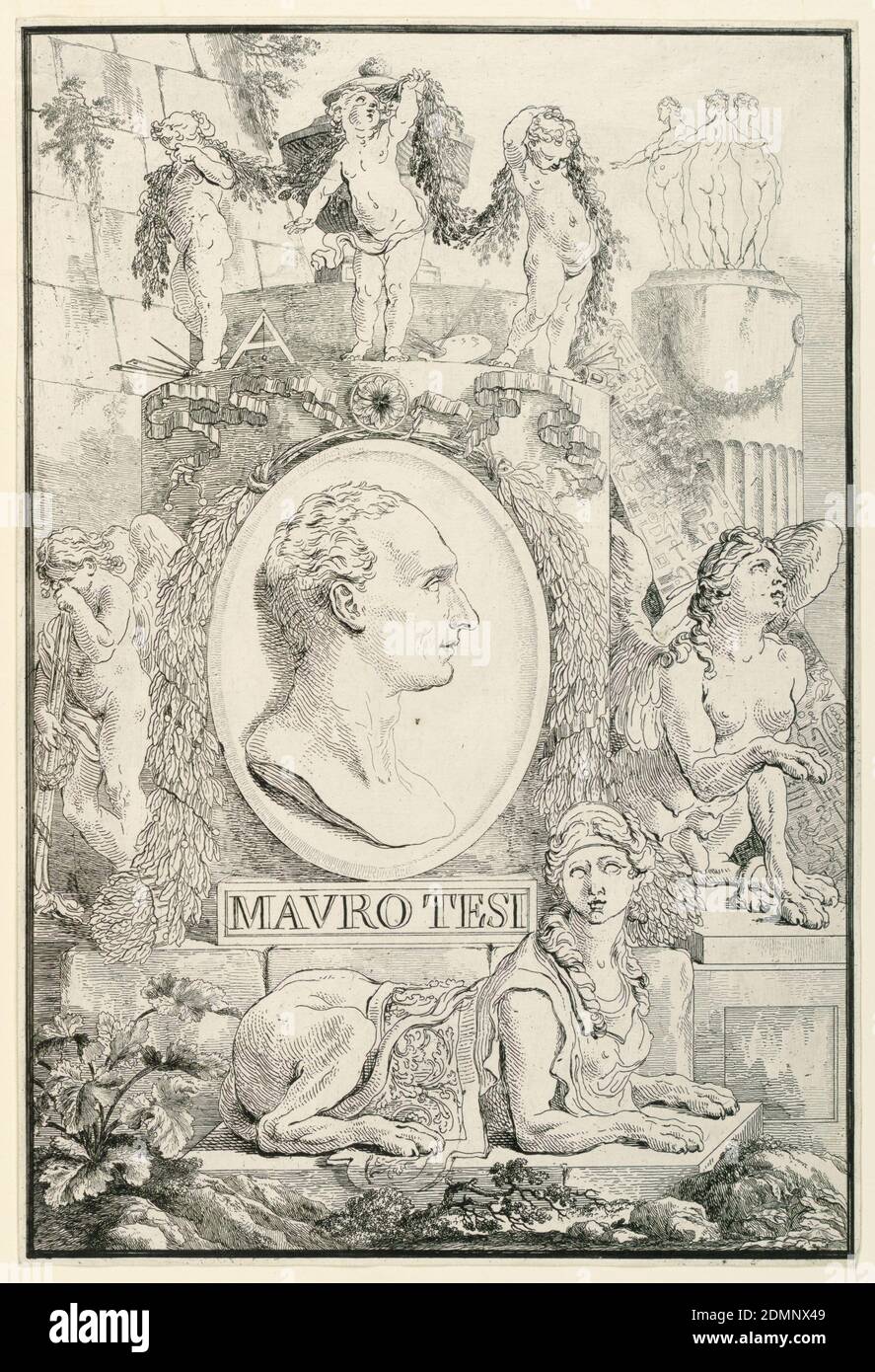 Portrait of Mauro Tesi in a medallion, surrounded by architectural elements, Count Cesare Massimiliano Gini, Italian, 1739 - 1821, etching on laid paper, Europe, 1787, Print Stock Photo