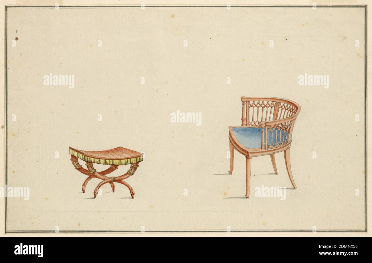Design for Armchair and Stool, Jean Démosthène Dugourc, French, 1749–1825, Brush and watercolor, pen and black ink, graphite on white laid paper. Ruled borders in pen and black ink., Left: Egyptian style curule stool, x-shaped legs terminating in bird heads. Seat is fringed in gold color., Right: Armchair, round back pierced in a gothic design, legs slightly splayed, upholstered blue seat., France, France, 1790, furniture, Drawing Stock Photo