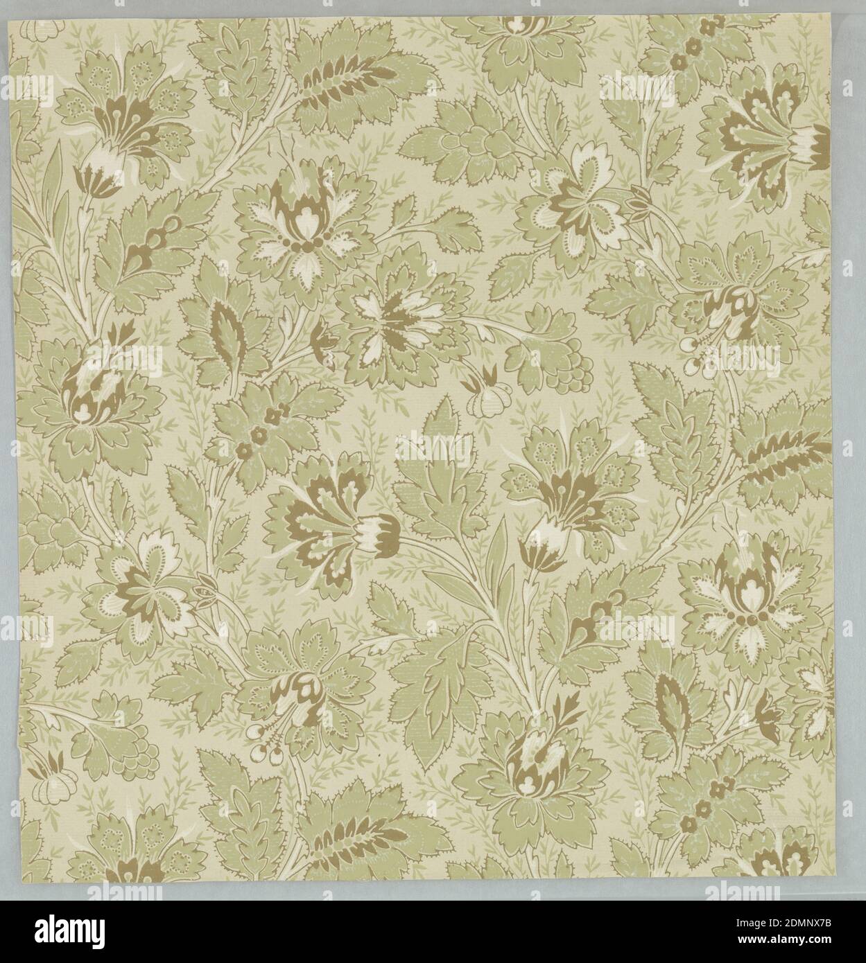 Sidewall, Machine-printed paper, Aesthetic style design of dense all-over foliage with large fanciful bellflowers; single-motif, long vertical repeat in off-set columns; color scheme of light green, brown, and white with brown outlining; pale tan ground., USA, ca. 1880, Wallcoverings, Sidewall Stock Photo