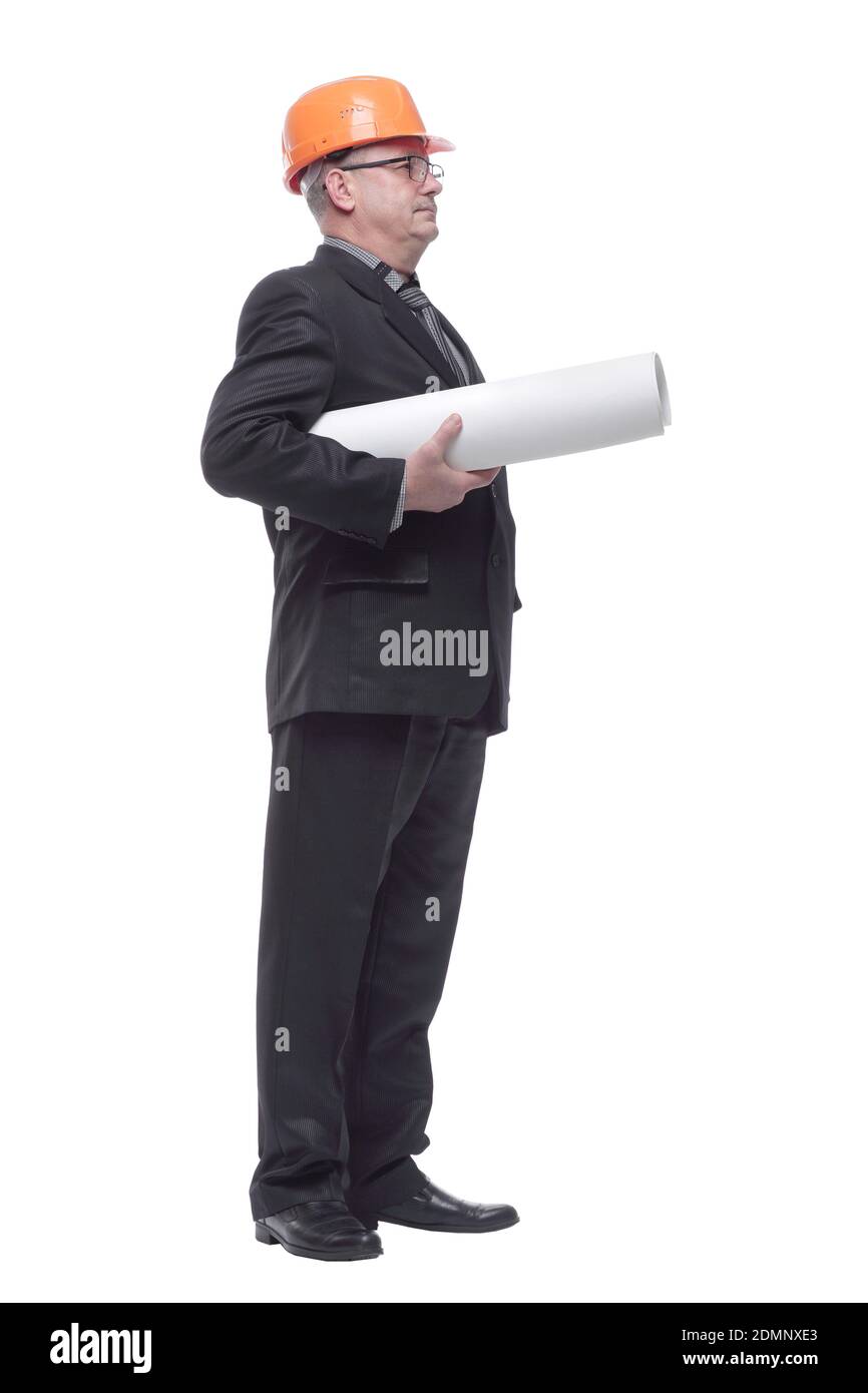 Side view happy male architect holding blueprints Stock Photo Alamy