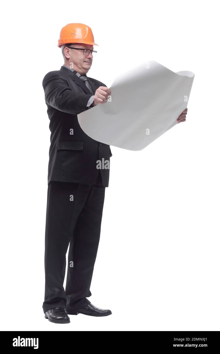 Confident architect wearing glasses looking at blueprints Stock Photo