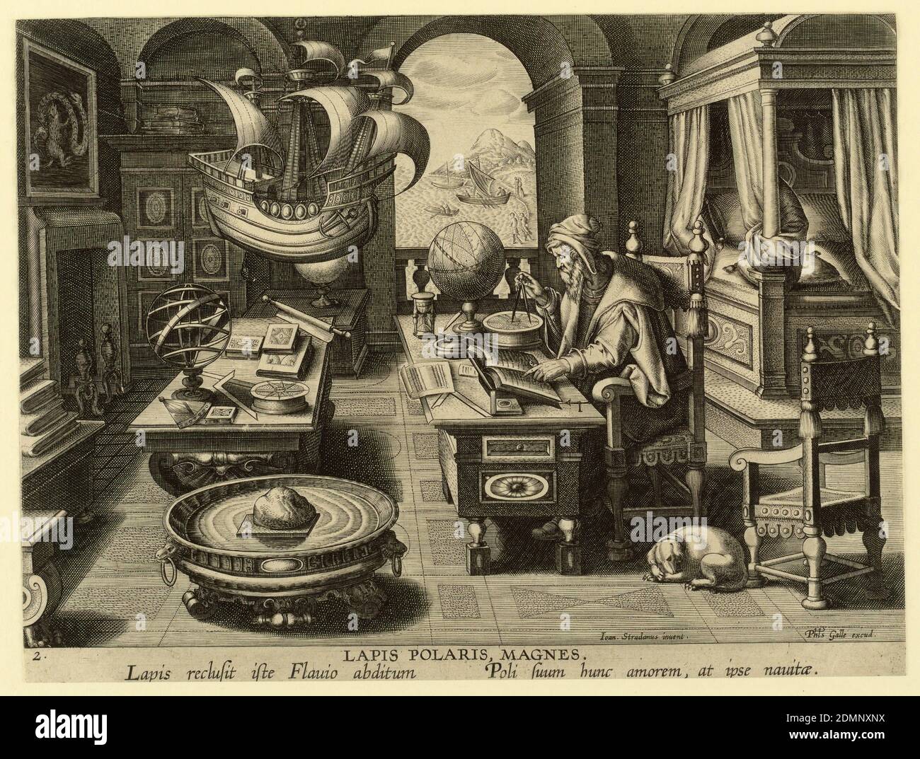 Lapis Polaris Magnes (Invention of the Compass), plate 2 of the Nova Reperta (New Inventions for Modern Times), Jan van der Straet, called Stradanus, Flemish, 1523–1605, Philips Galle, Flemish, 1537 - 1612, Engraving on paper, An old man, identified as the legendary Flavio Amalfitano, seated at his desk using a compass and reading a book; tools, books, and instruments are arranged around the richly furnished room; a dog is at his feet. A model of a ship hangs above and in front of him., Antwerp, Netherlands, ca. 1590, figures, Print Stock Photo