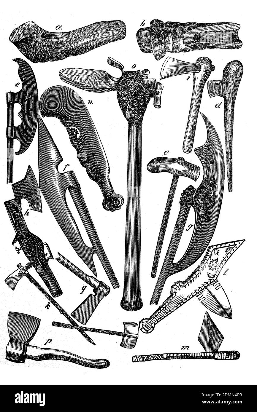 Axes and hatchets of different times and peoples, illustration from 1882  /  Äxte und Beile verschiedener Zeiten und Völker, Illustration aus 1882, Historisch, historical, digital improved reproduction of an original from the 19th century / digitale Reproduktion einer Originalvorlage aus dem 19. Jahrhundert, Stock Photo