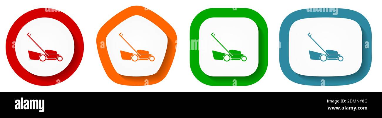 Lawn mower vector icon set, flat design buttons on white background Stock Vector