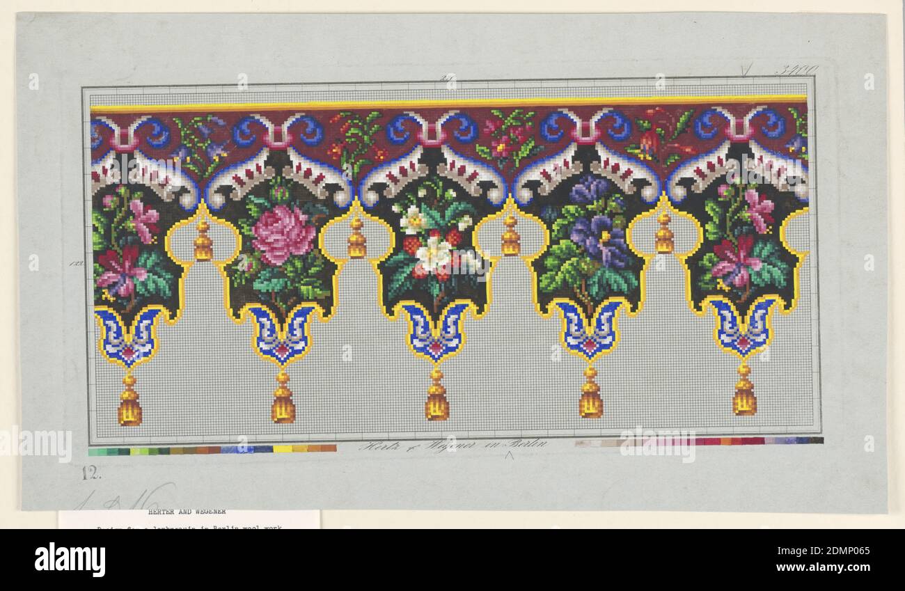 Design for a Lambrequin in Wool Work, Hertz and Wegener, Brush and gouache on pre-printed squared paper, Design for a lambrequin with tassels in wool work, number 3400, all colors, with floral motifs., Berlin, Germany, ca. 1860, textile designs, Drawing Stock Photo