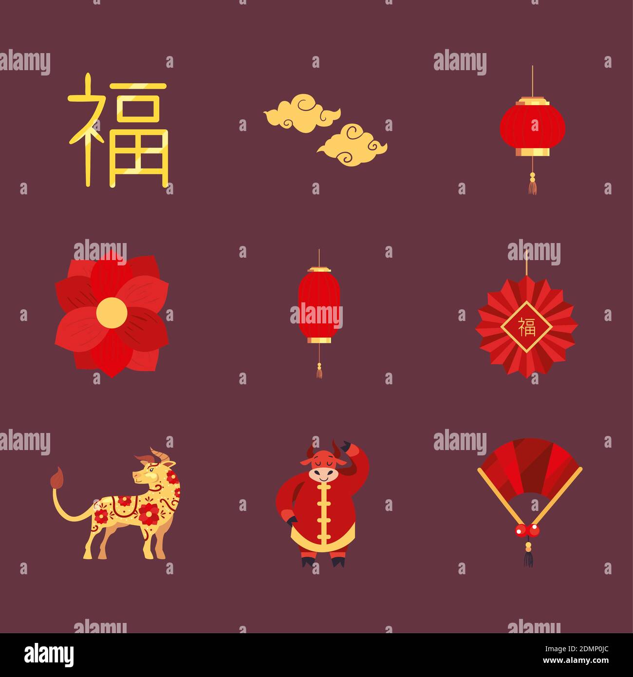 Chinese new year 2021 icons collection design, China culture asia and